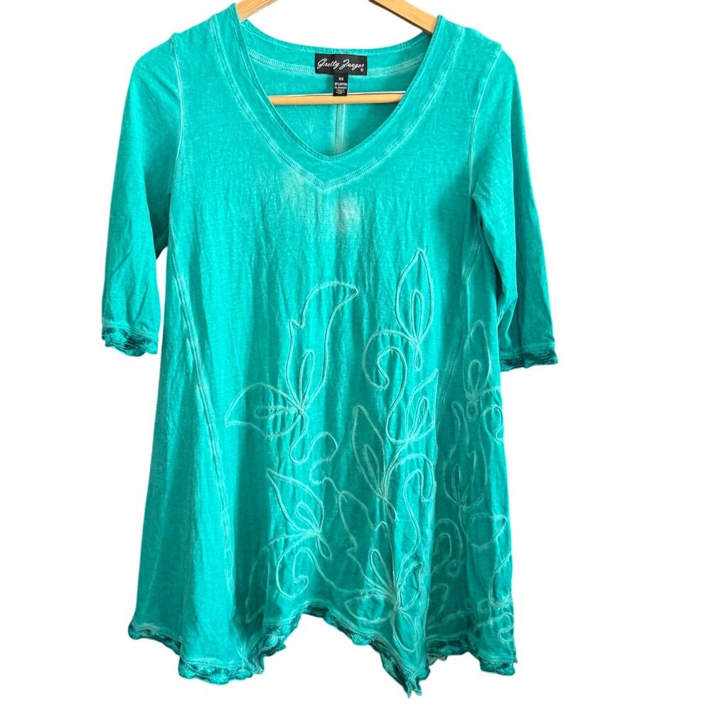 GRETTY ZUEGER Teal Green Cotton Mineral Wash Embellished Boho Tunic Extra Small
